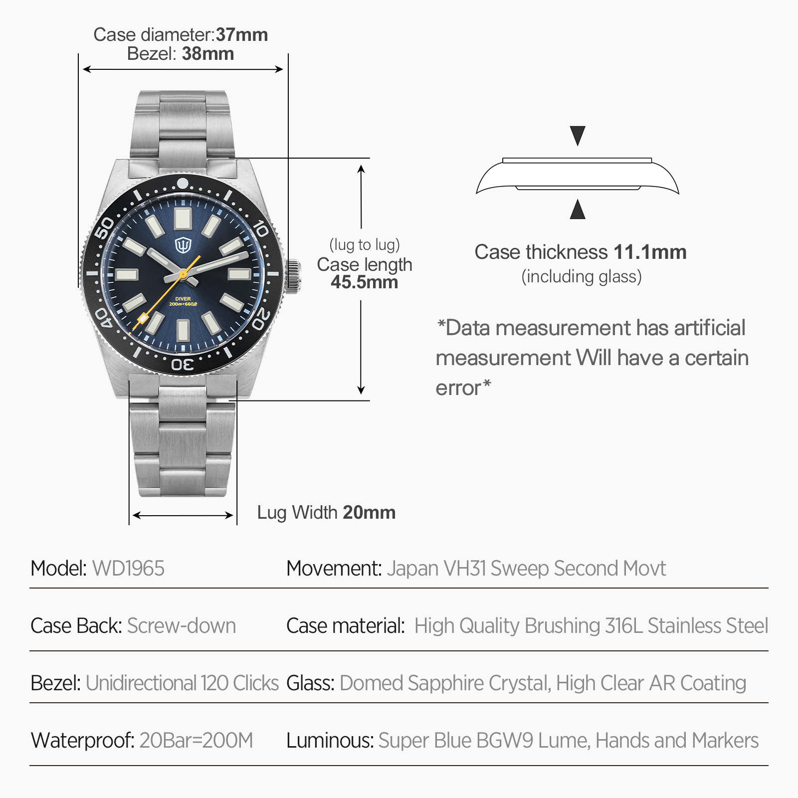 Watchdives 37Mm WD1965 V2 Man  - Accessories With Watch recension och pris